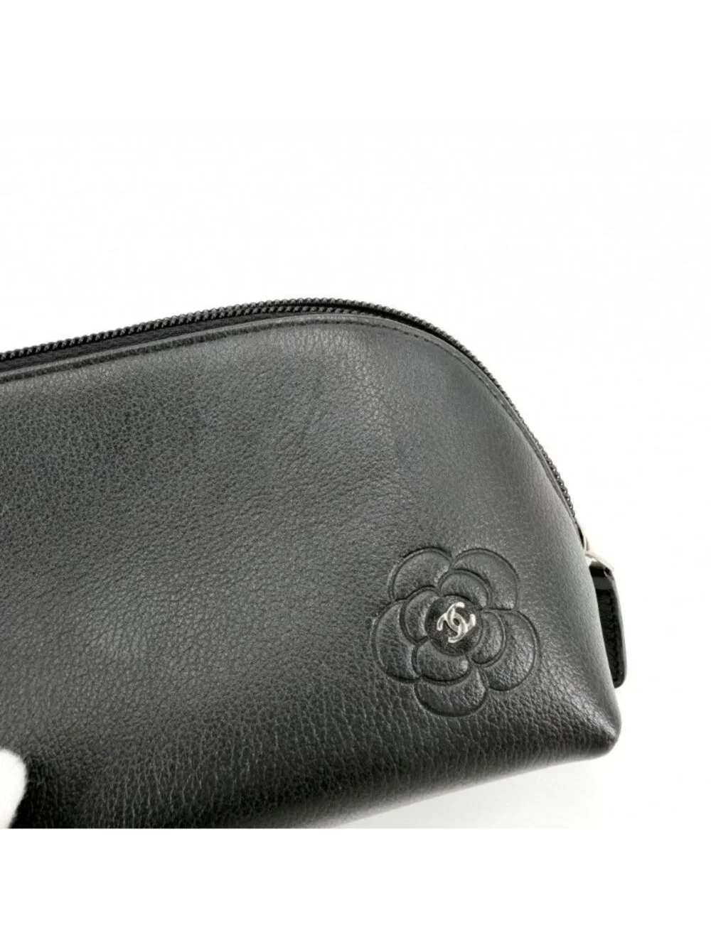 Chanel Pouch Camellia CC Logo Case Leather Black Silver